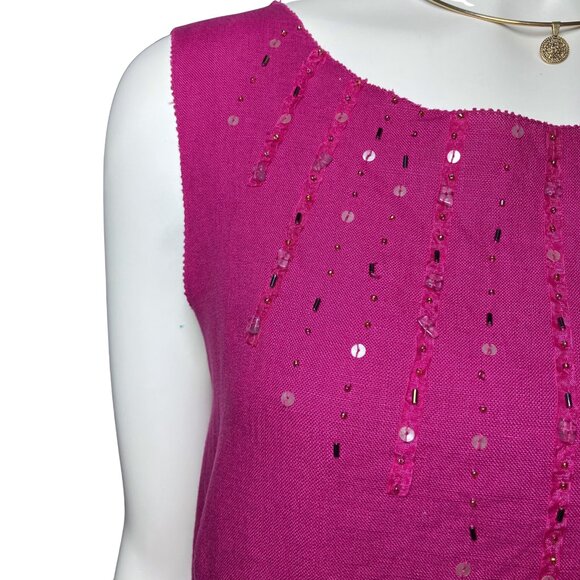 Vintage Y2K 100% Linen Magenta Beaded Susan Bristol Tank Top Medium Beachy Boho - Picture 7 of 9
